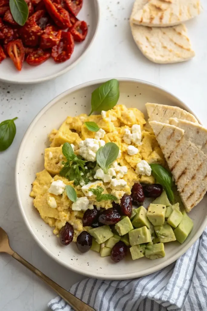 Mediterranean-style avocado scrambled eggs with feta, sun-dried tomatoes, and olives.