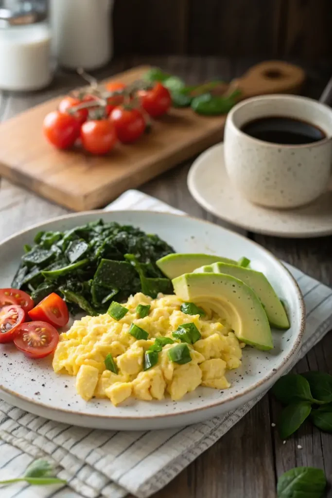 Mounjaro breakfast recipe – scrambled eggs with avocado and spinach