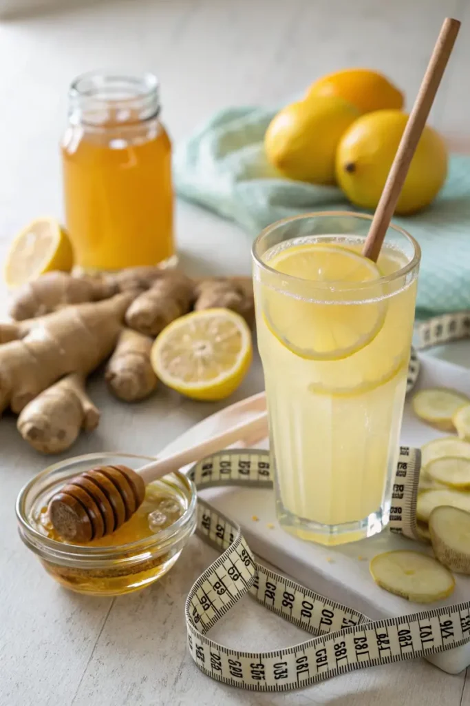 A tall glass of Natural Mounjaro drink with lemon slices, honey, and ginger, placed on a white surface with a measuring tape.