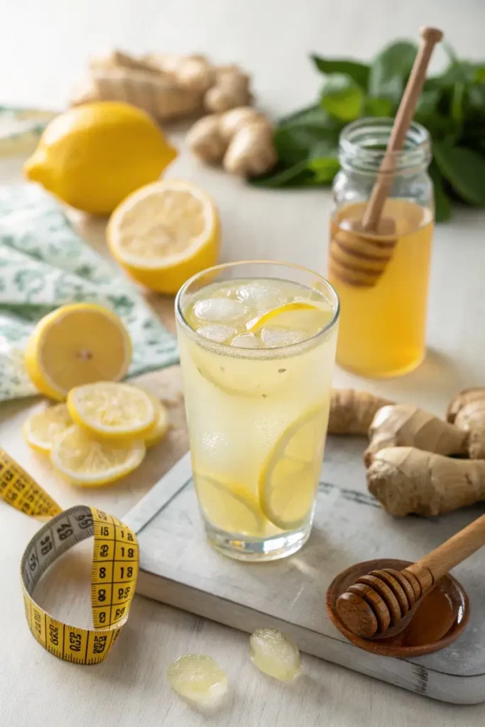 A chilled glass of Natural Mounjaro drink with ice cubes and floating lemon slices, surrounded by fresh ginger, honey, and a measuring tape.