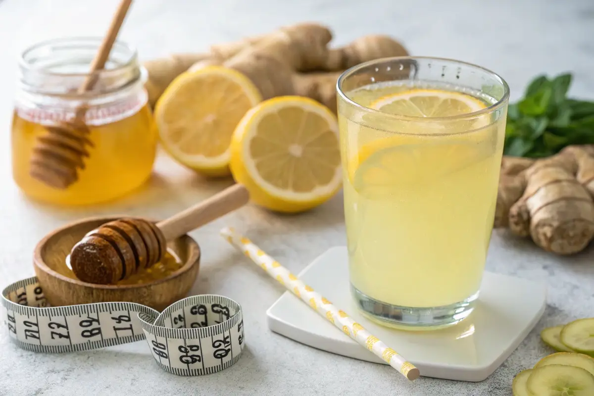 A clear glass of Natural Mounjaro drink with a lemon garnish, placed on a white plate with honey, ginger, and a striped straw.