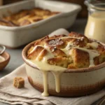 Old-fashioned bread pudding with vanilla sauce in a rustic dish