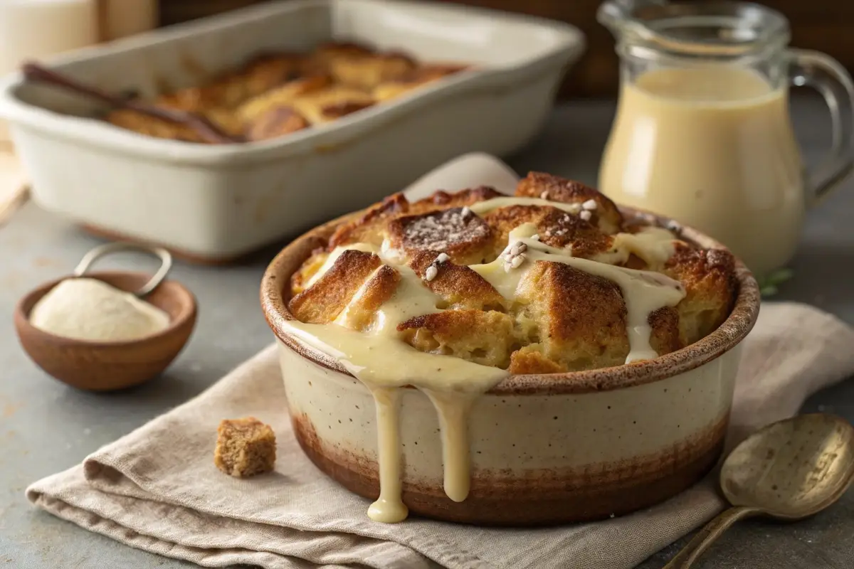 Old-fashioned bread pudding with vanilla sauce in a rustic dish