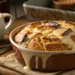 Old-fashioned bread pudding with vanilla sauce in a rustic ceramic dish