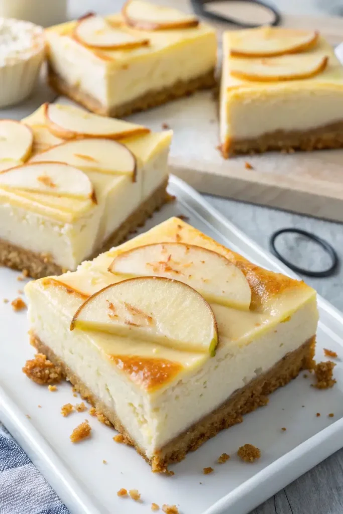 Baked pear cheesecake bars cut into squares