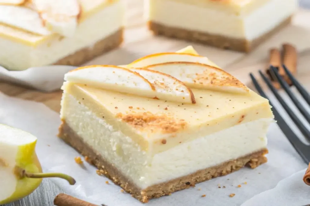 Pear Delight Cheesecake Bars with spiced pear topping