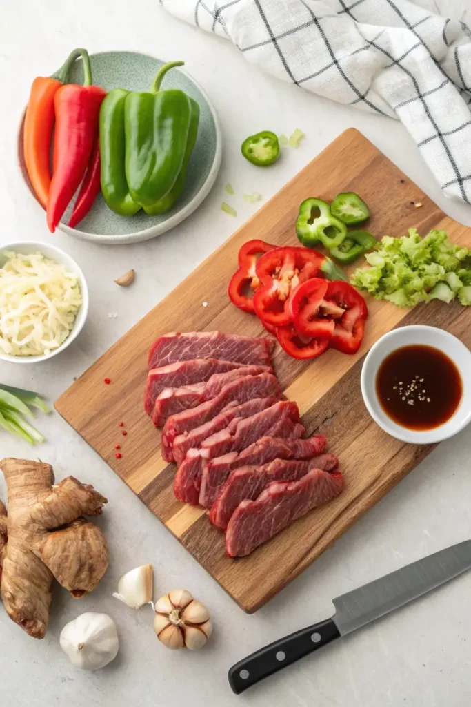 Sliced beef and fresh ingredients for pepper steak recipe.