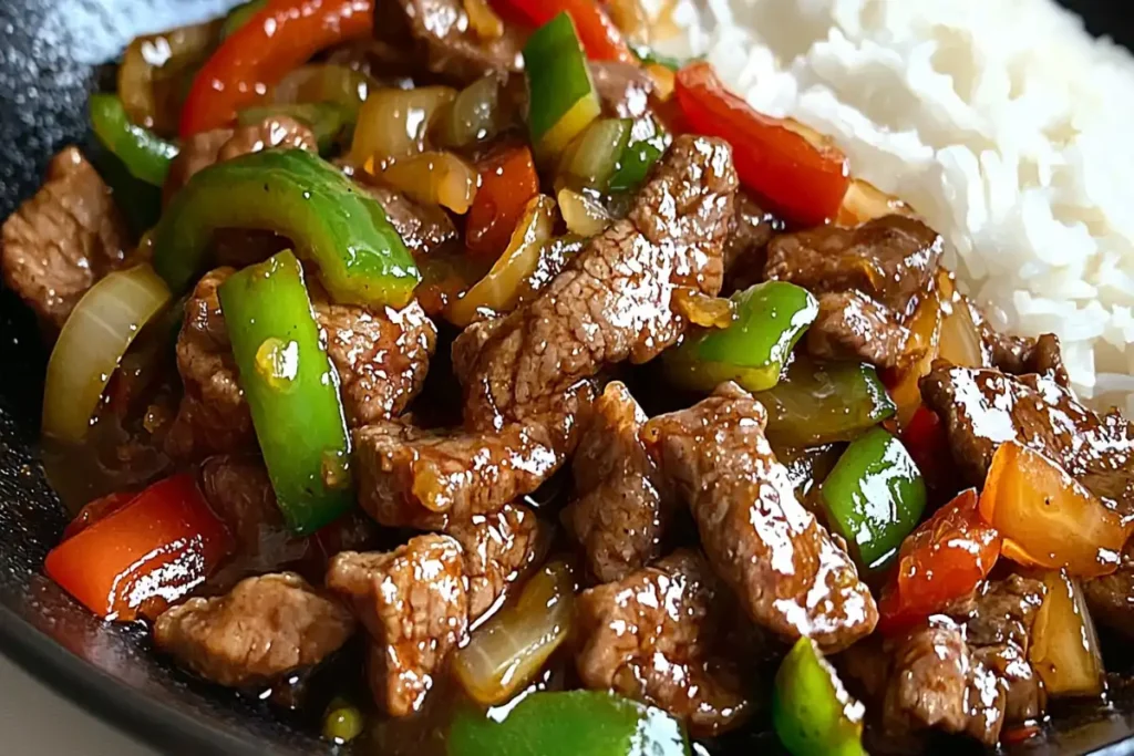 Close-up of sizzling pepper steak in a wok with bell peppers.