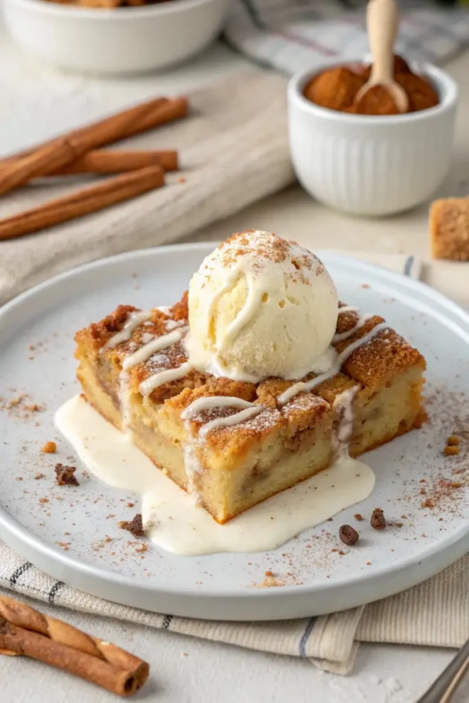 A slice of bread pudding with vanilla sauce and ice cream