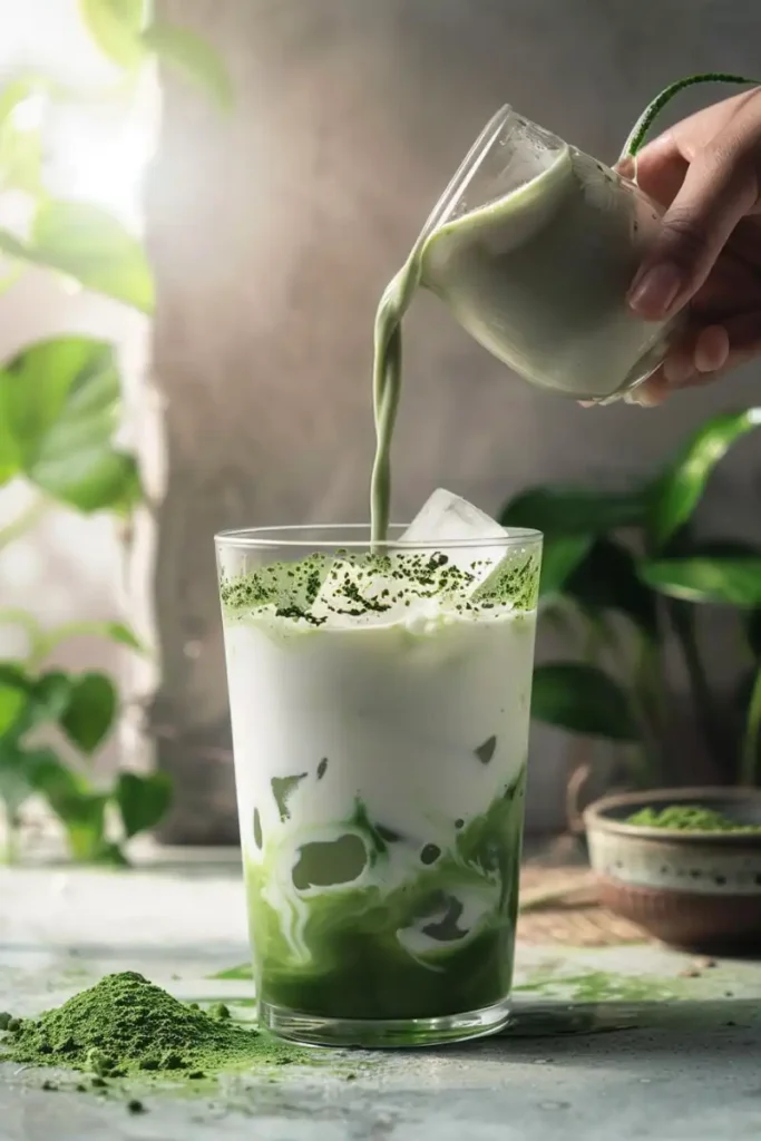 Pouring Matcha Over Milk for Iced Matcha Latte