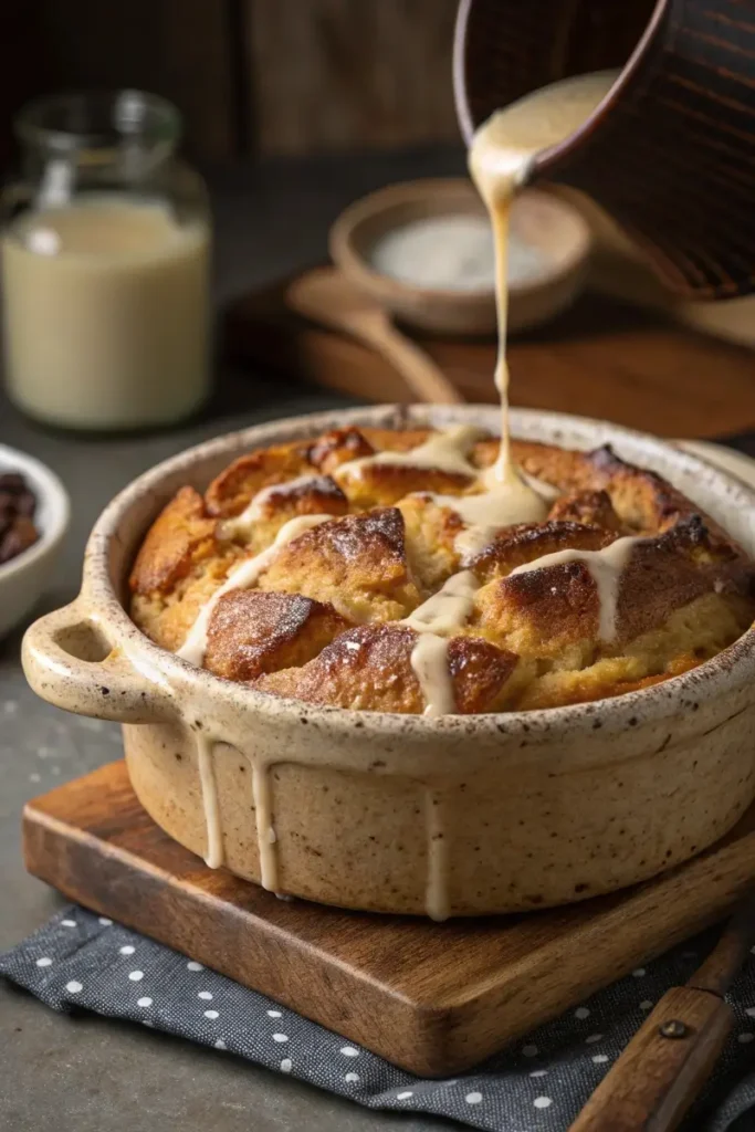 Old-fashioned bread pudding with vanilla sauce