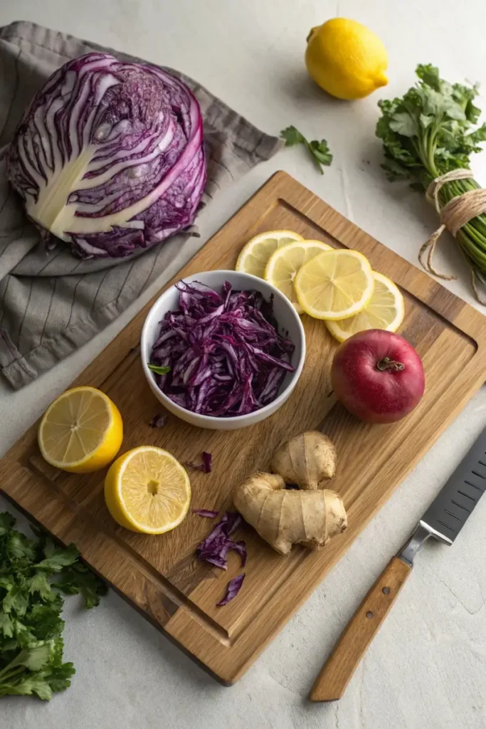 Ingredients for making purple cabbage juice at home.