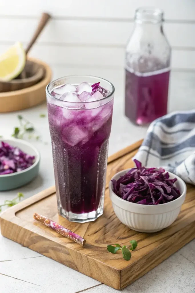 A glass of purple cabbage juice served fresh with ice.