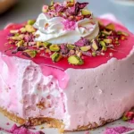 Close-up of a moist Rose Milk Cake slice with rose petals and pistachios.