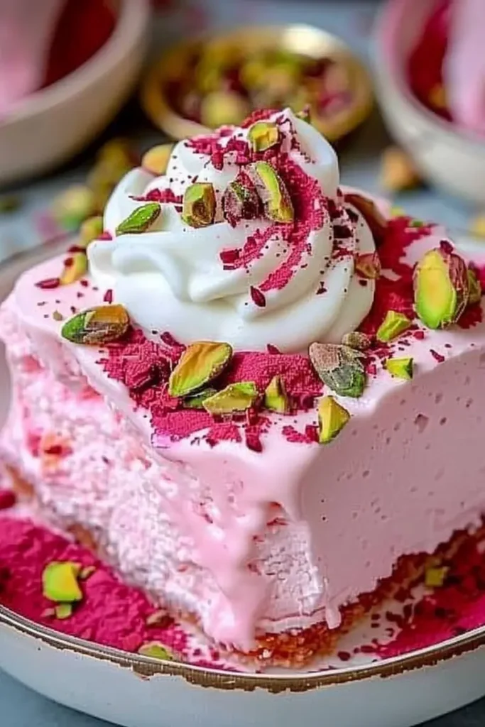 A plated slice of Rose Milk Cake with garnishes