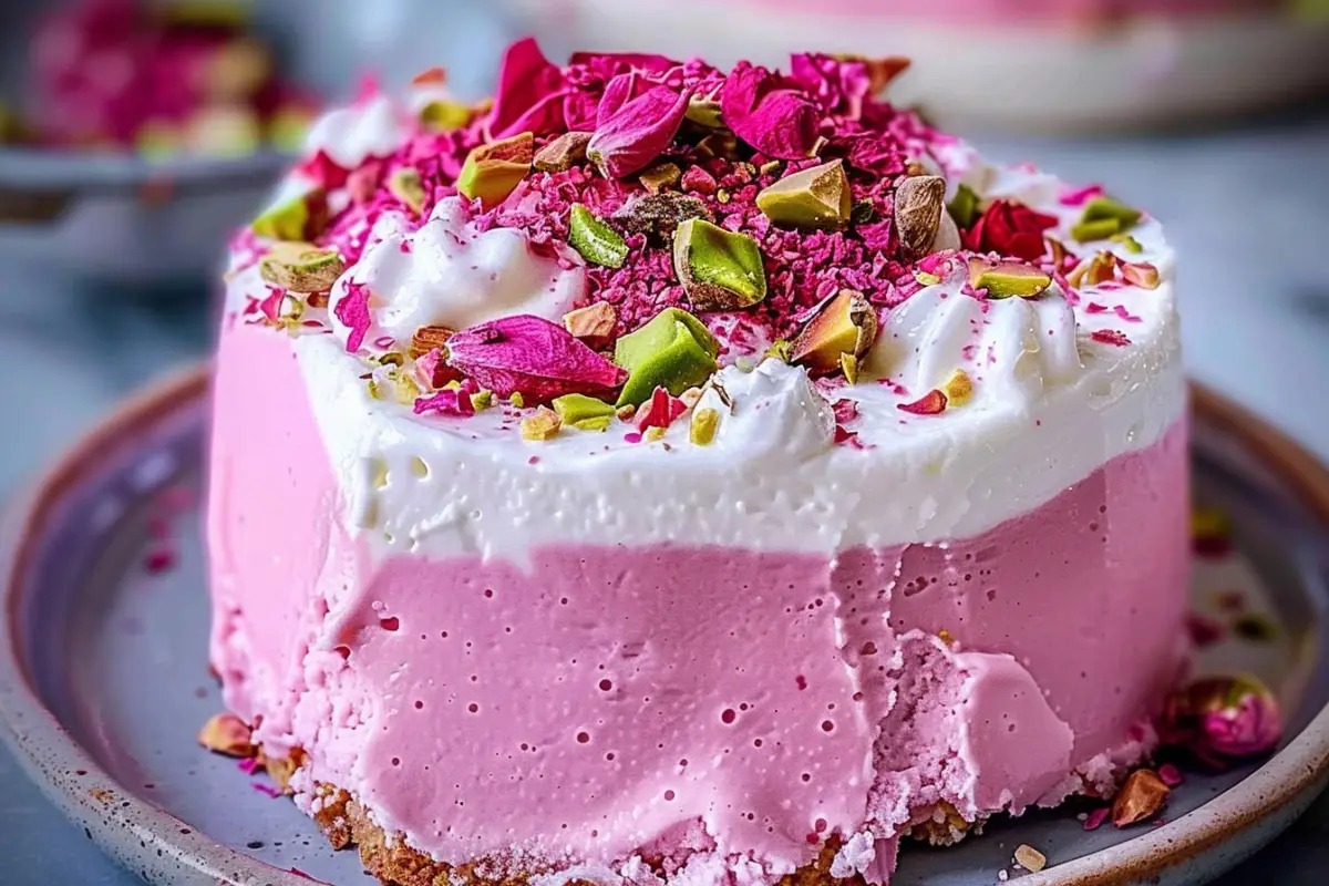 Best Rose Milk Cake topped with rose petals and pistachios