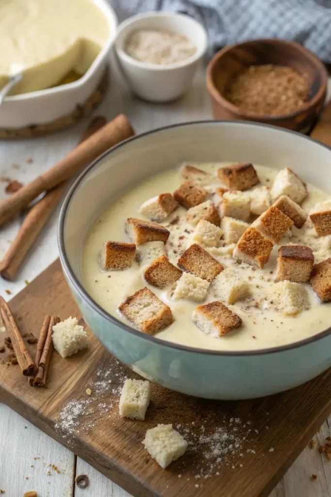 Bread cubes soaking in custard for old-fashioned bread pudding