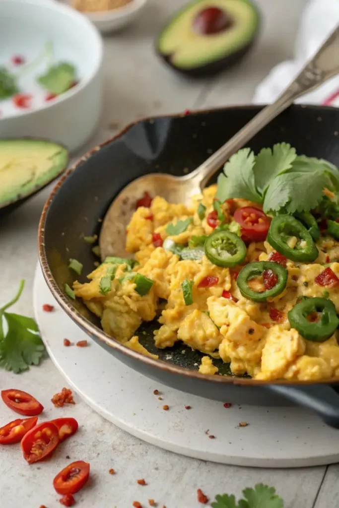 Spicy avocado scrambled eggs with jalapeños and red pepper flakes.