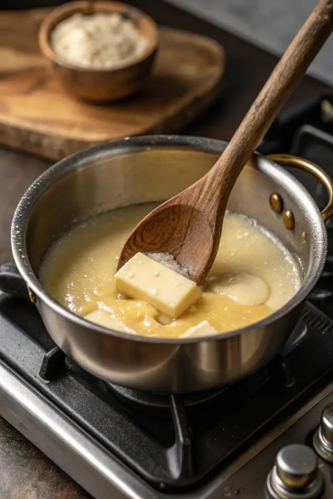 Homemade vanilla sauce simmering on the stovetop