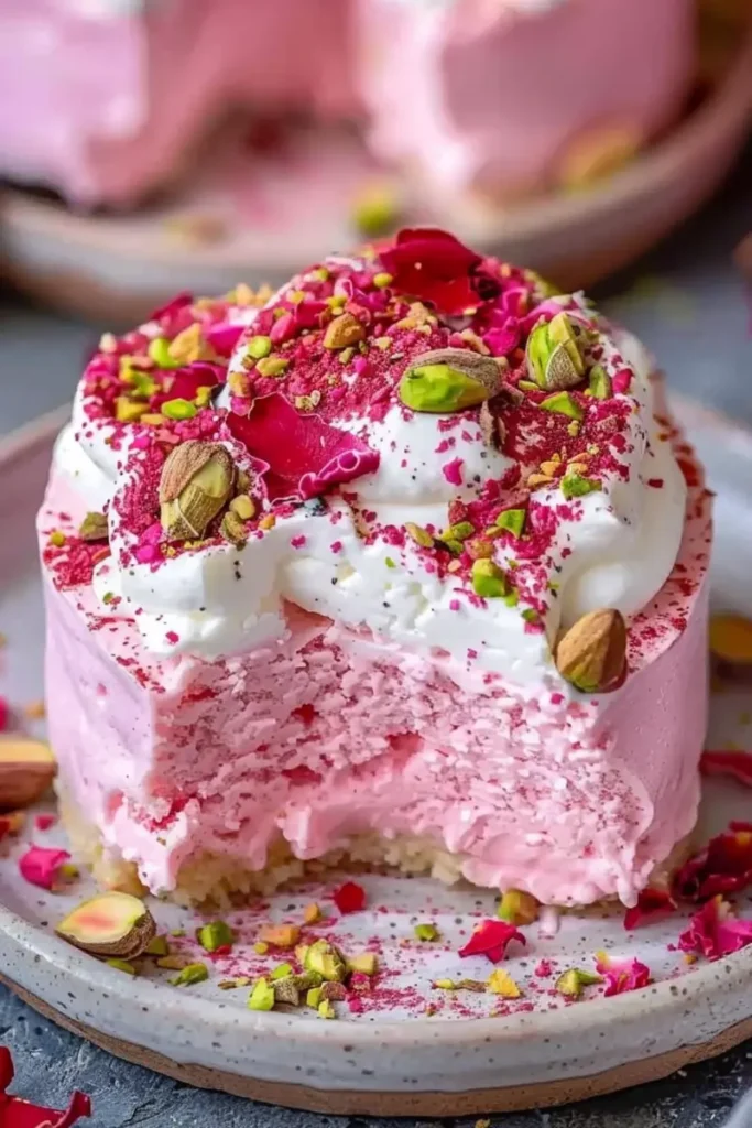 Whole Rose Milk Cake topped with whipped cream, rose petals, and pistachios.